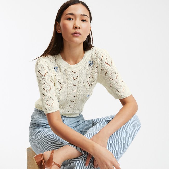 Pull col rond en grosse maille ecru <span itemprop=