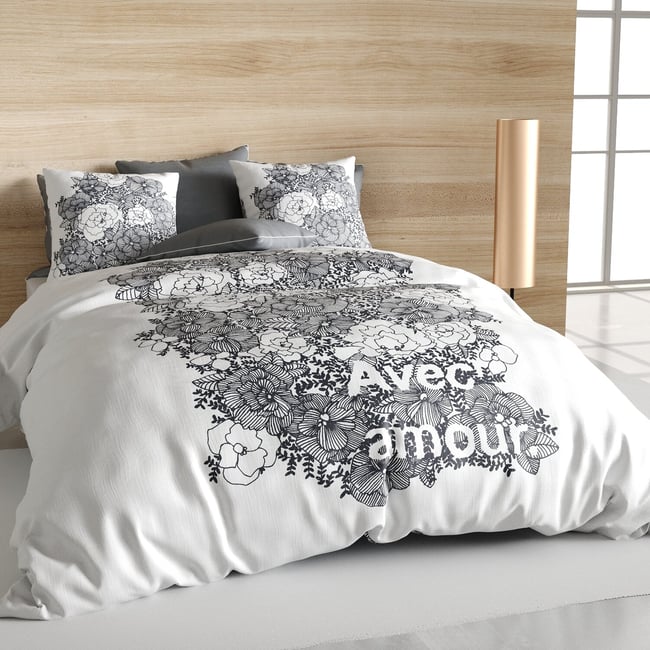 Parure housse de couette en coton imprimée, Avec amour gris foncé <span itemprop=