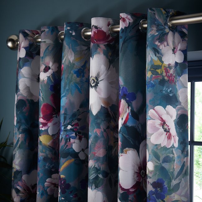 Bouquet Kingfisher Eyelet Lined Ready Made Curtains - STUDIO G