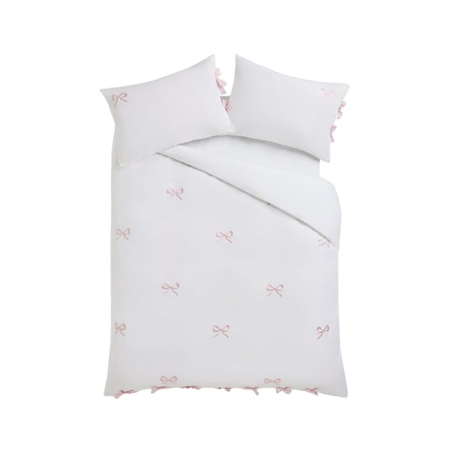 Housse de couette et taies avec nœud blanc/rose <span itemprop=
