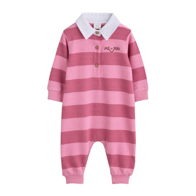 Barboteuse en jersey avec col bébé rose à rayures <span itemprop=
