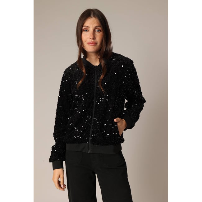 Veste bomber en sequins avec fermeture zippée et finitions côtelées. CANDICE black <span itemprop=