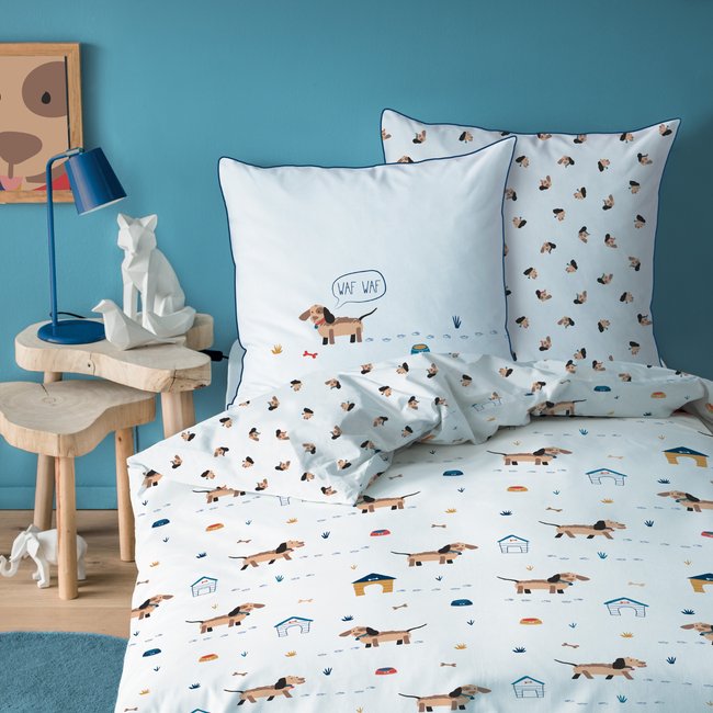 Parure de lit imprimée 100% coton, WAF WAF blanc <span itemprop=