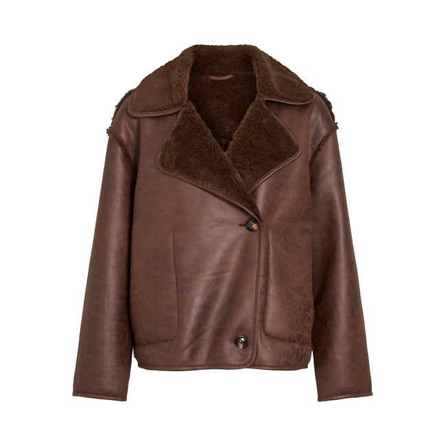 Manteau court bi-matière marron foncé <span itemprop=