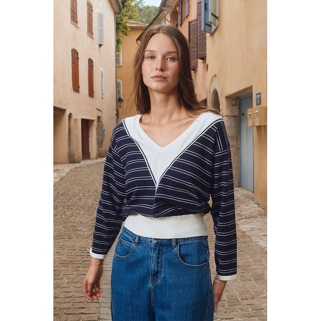 Pull en maille, col V navy blue <span itemprop=