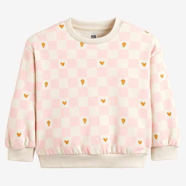 Sweat col rond imprimé damier et coeurs, molleton imprimé fond écru <span itemprop=
