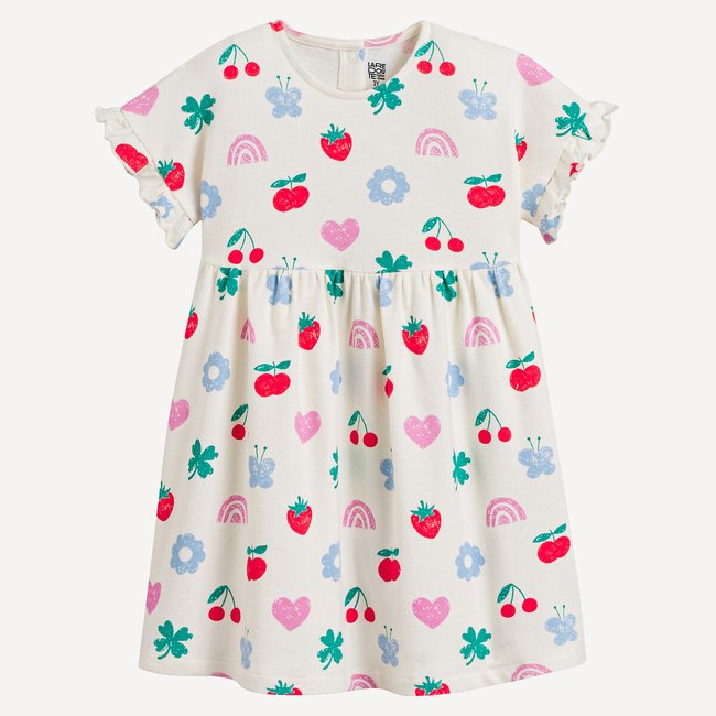 Vestido estampado com mangas curtas e folhos cru estampado <span itemprop=