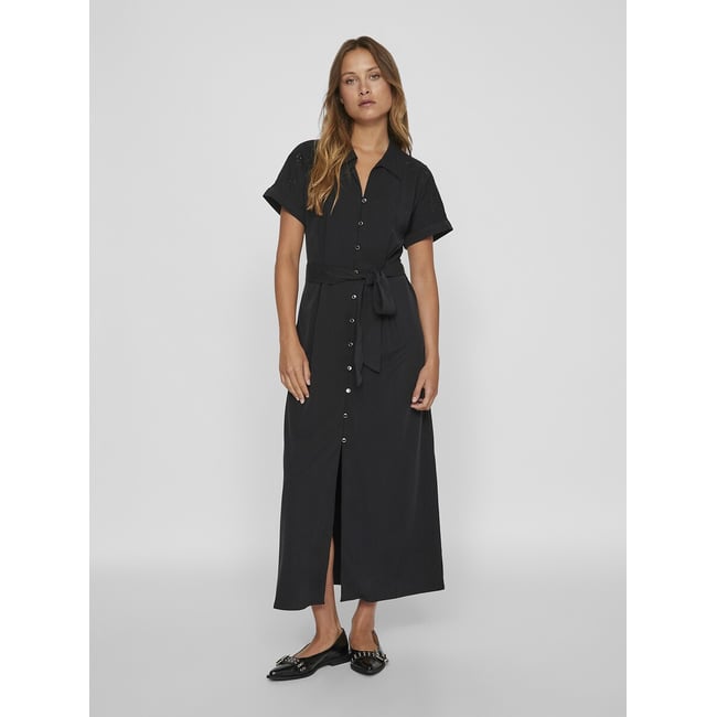 Robe chemise longue à nouer  noir <span itemprop=