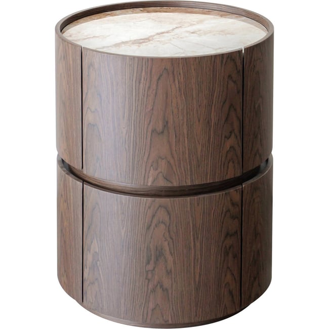 Table de chevet ronde 2 tiroirs en bois Couleur marron brun avec plateau céramique beige veiné <span itemprop=