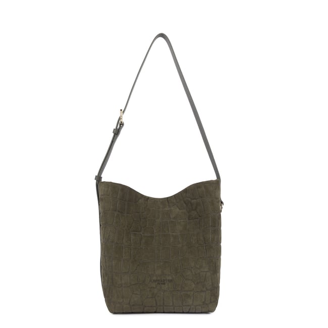 Sac besace en cuir de vachette suède, motif croco kaki <span itemprop=
