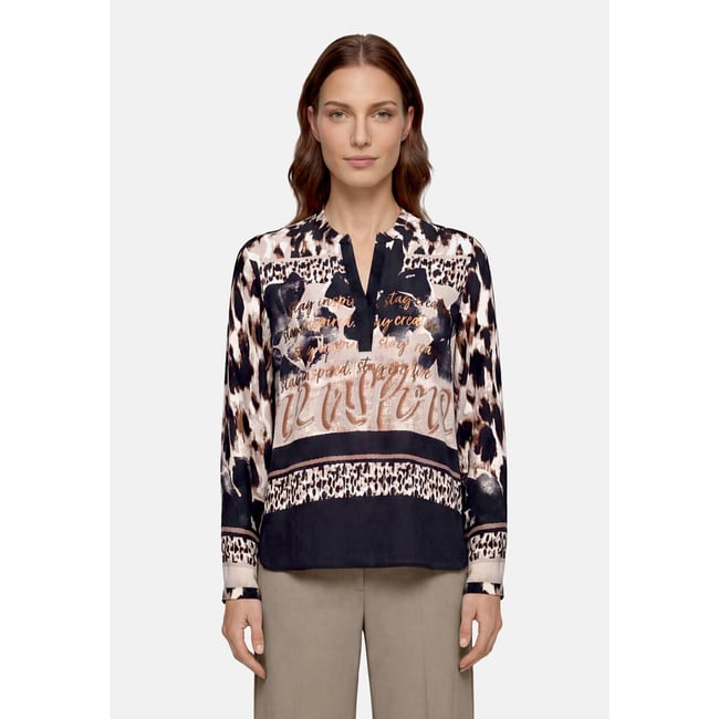 Chemisier long à col droit beige/noir <span itemprop=