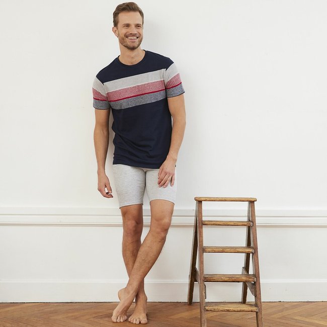 Pyjama rayé manches courtes bleu marine + gris <span itemprop=
