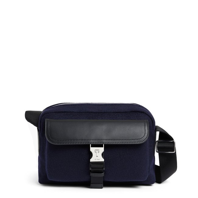 Petit sac bandoulière Maurice en feutre de laine et cuir lisse bleu crépuscule noir <span itemprop=