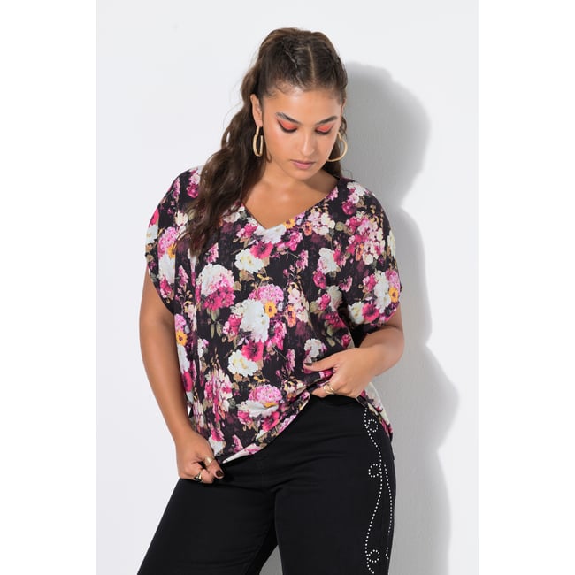 Chemisier ample, motif hortensias rose vif fuchsia <span itemprop=