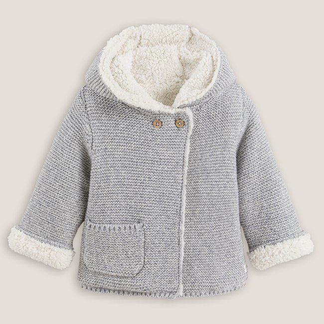 Strickjacke mit Kapuze & Teddyfleece-Futter grau <span itemprop=