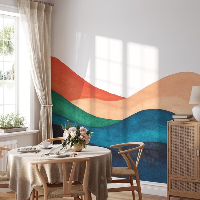 Papier peint panoramique oasis et montagnes colorées - 255x260 cm (l x h) Couleur mutlicolore <span itemprop=