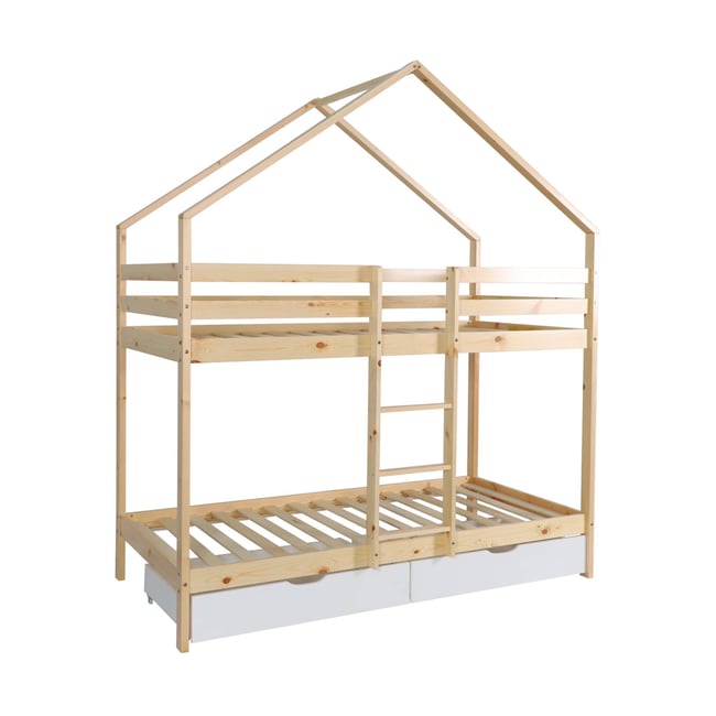 Lit enfant superposé cabane 90 x 190 cm pin naturel avec tiroirs de rangement ROYA Couleur blanc <span itemprop=