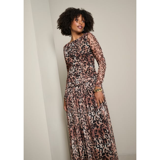 Robe midi drapée imprimée brown coffee <span itemprop=