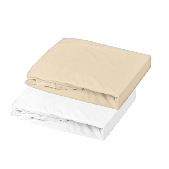 Lot 2 draps-housses jersey 60x120 cm Blanc / Cailloux beige <span itemprop=