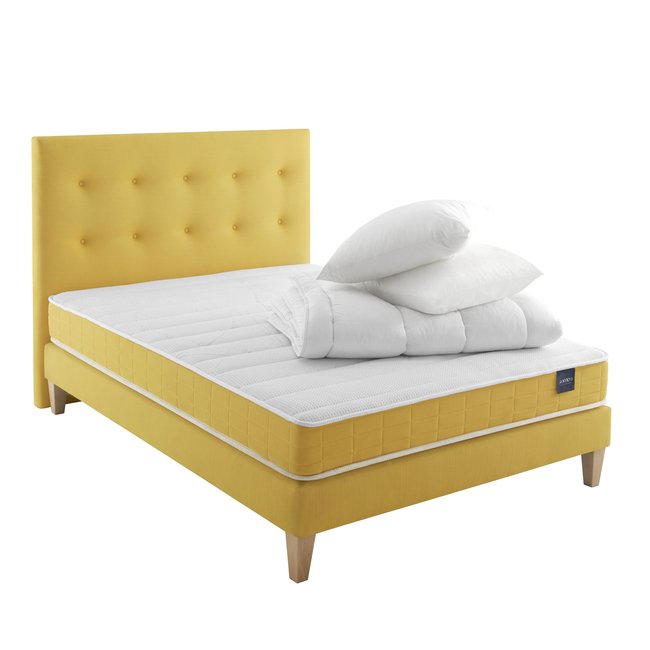Ensemble matelas mousse, sommier, pieds, tête de lit, couette et oreiller Aurore 400 Couleur blanc <span itemprop=