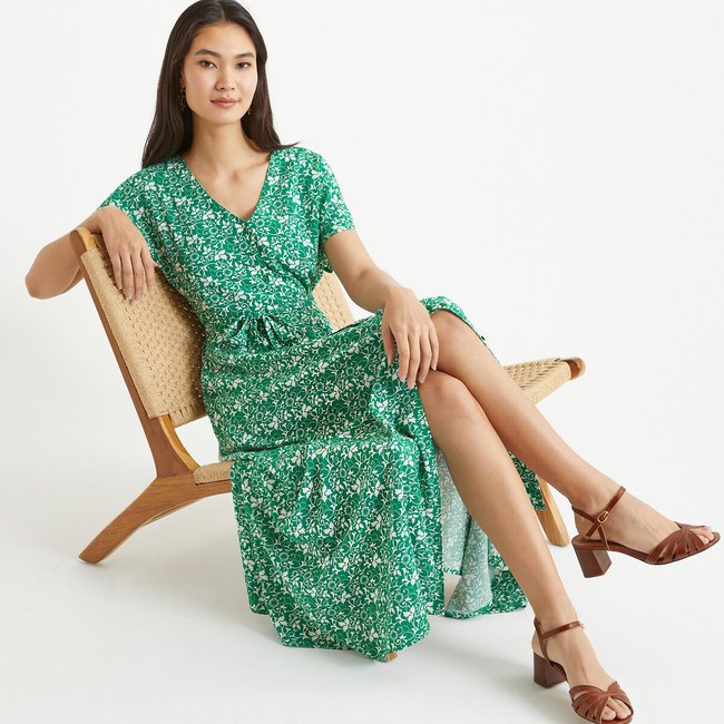 Lange wijde jurk met bloemenprint groene bladprint Anne Weyburn La Redoute