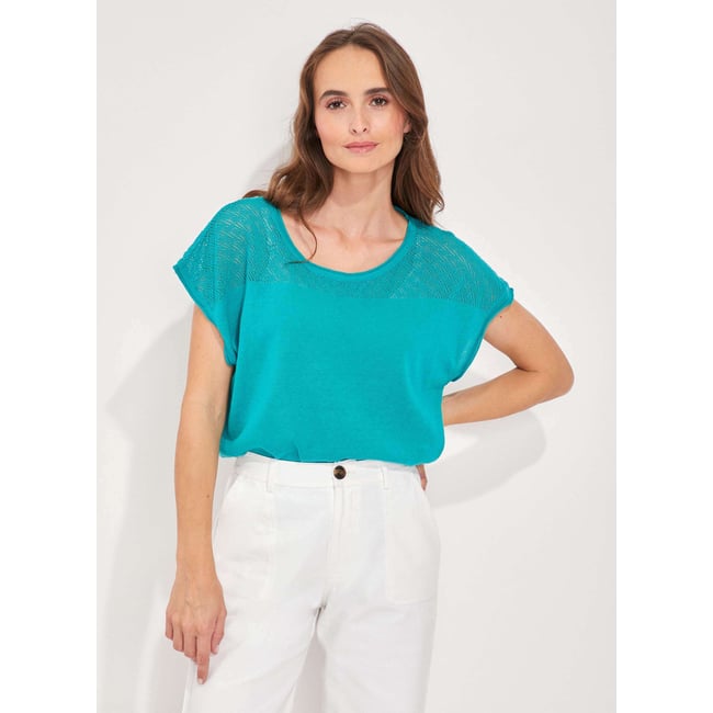 Top coton ajouré maille MANTRAS bleu turquoise <span itemprop=