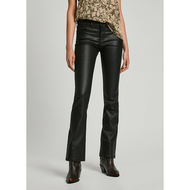 Slim Fit Bootcut Trousers with Hipster Waist, coated black, PEPE JEANS