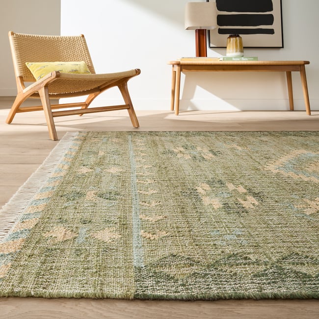 Tapis kilim, 80% jute, effet used, NAVAJA Couleur vert <span itemprop=