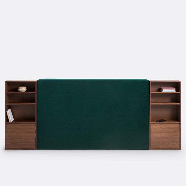 Tête de lit avec rangements, Fabi  Couleur plaqué noyer/vert foncé <span itemprop=