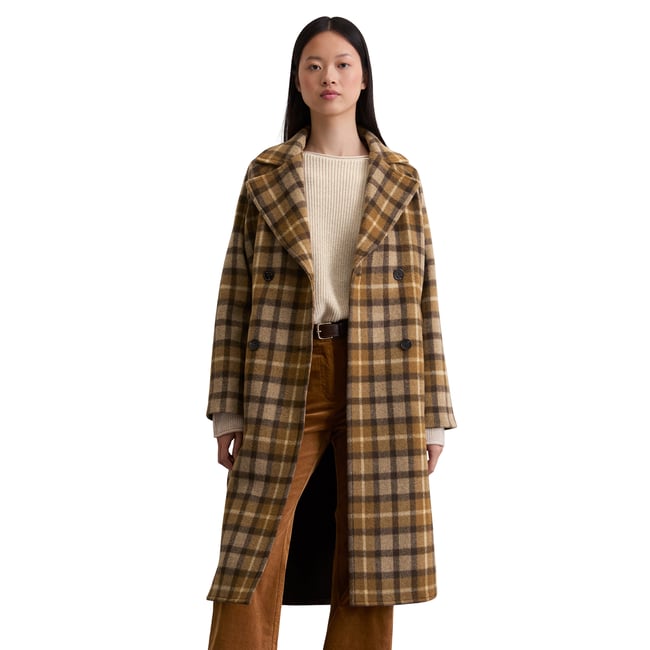 Manteau à carreaux relaxed en mélange de laine italienne beige <span itemprop=