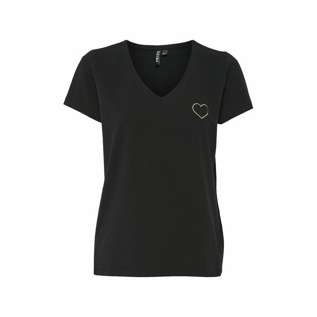 T-shirt com decote em V, coração bordado - PIECES