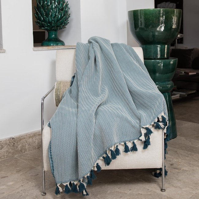 Plaid coton MEGEVE bleu pétrole <span itemprop=