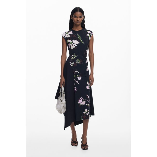 Robe asymétrique à fleurs noir <span itemprop=