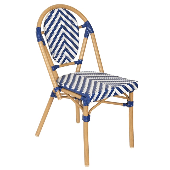 Chaise de terrasse style bistrot parisien en aluminium et rotin synthétique, ALMA bleu foncé <span itemprop=