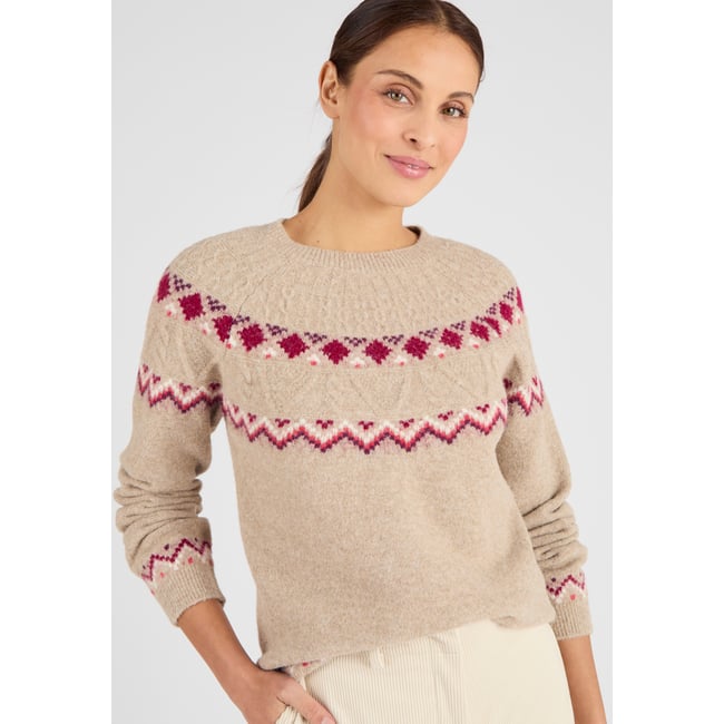 Pull jacquard Thermolactyl marron beige chiné <span itemprop=