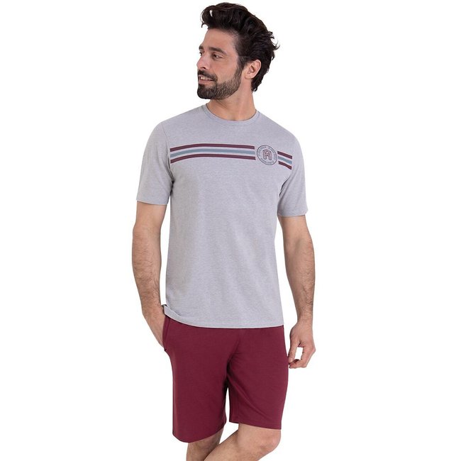 Pijama corto de cuello redondo gris jaspeado/burdeos <span itemprop=