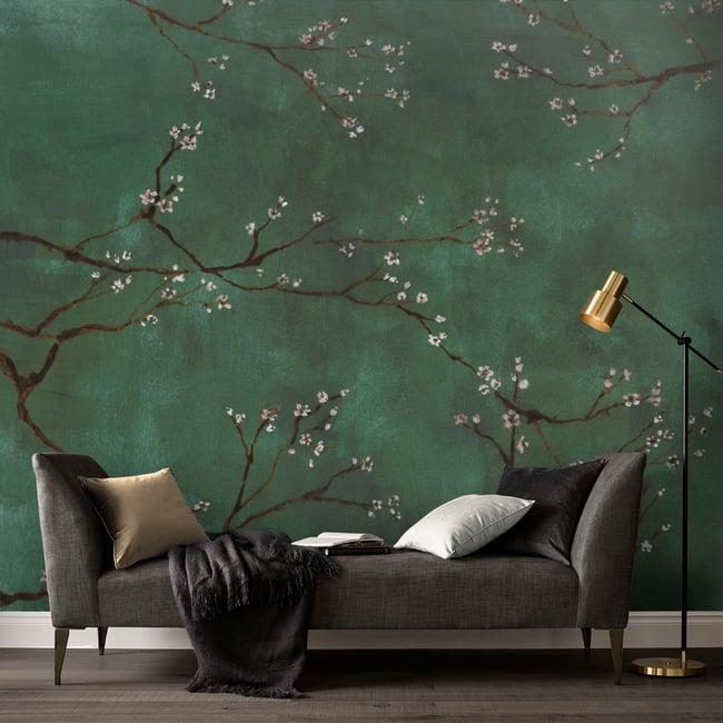 Papier peint panoramique fleuri Cerisiers japonais de printemps Couleur vert <span itemprop=
