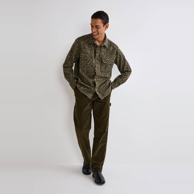 Surchemise manche longue imprimé camouflage en coton bio certifiée GOTS militaire <span itemprop=