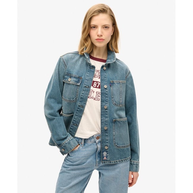 Veste en jean brodée Chore bleu vintage fulton <span itemprop=