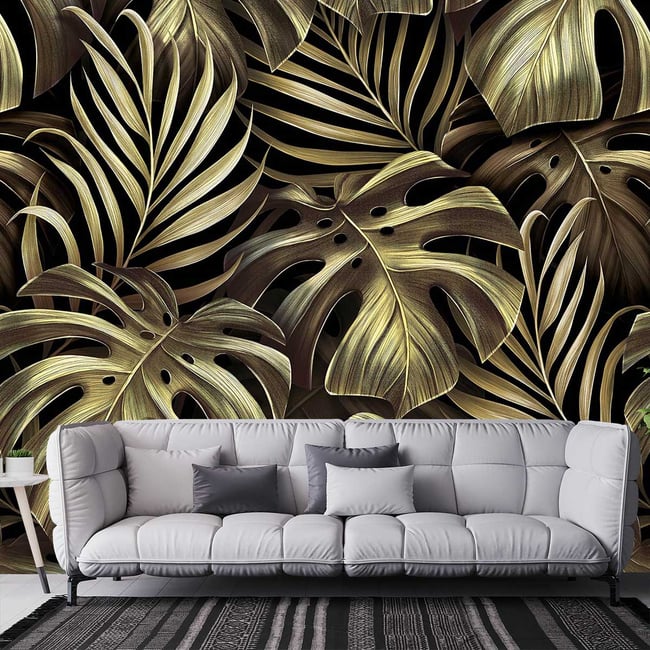 Papier peint panoramique et feuilles monsteras dorees Couleur intissé <span itemprop=
