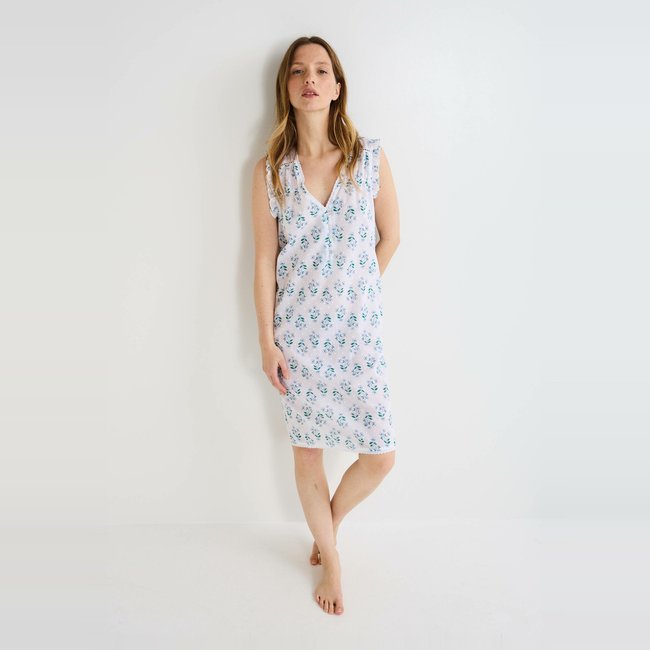 Chemise de nuit imprimé floral en plumetis de coton BIO celeste <span itemprop=