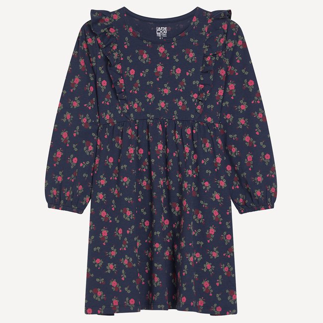 Robe à manches longues, imprimé floral, en jersey bleu marine <span itemprop=
