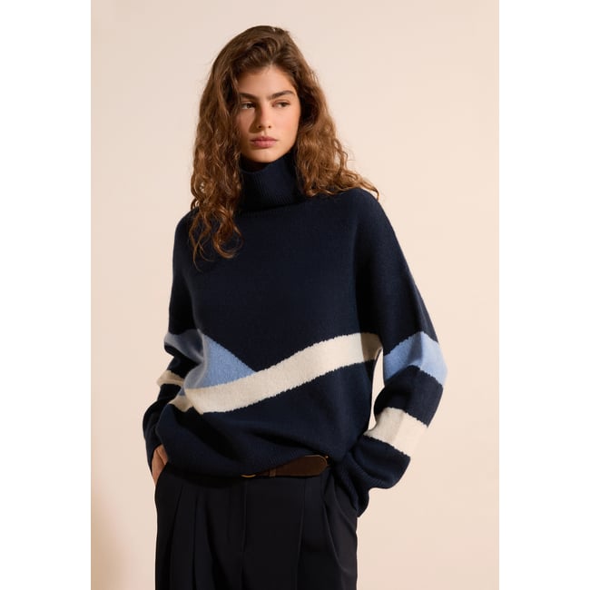 Pull col roulé rayé 100% cachemire SIMONETTA ROUL encre <span itemprop=