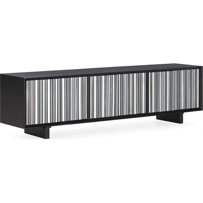 Meuble tv en bois de cèdre à façade rayée Couleur noir, argent et gris métallisé <span itemprop=