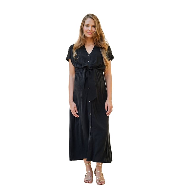 Robe chemise longue en lin mélangé grossesse et allaitement noir <span itemprop=