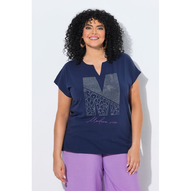 T-shirt oversize, petits strass fantaisie marine <span itemprop=