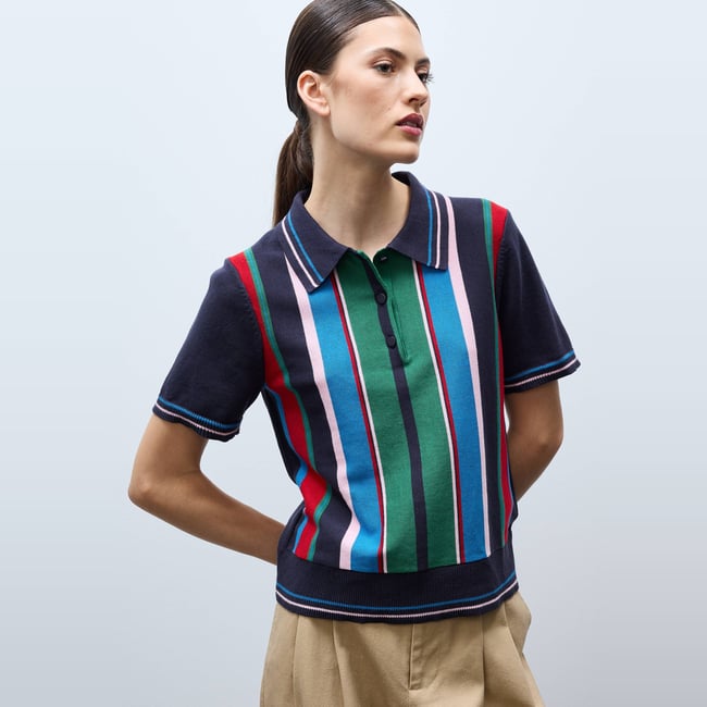 Polo rayé en maille à manches courtes marine <span itemprop=