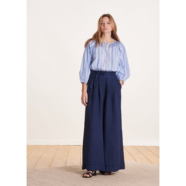 Pantalon large en lin bleu stone <span itemprop=