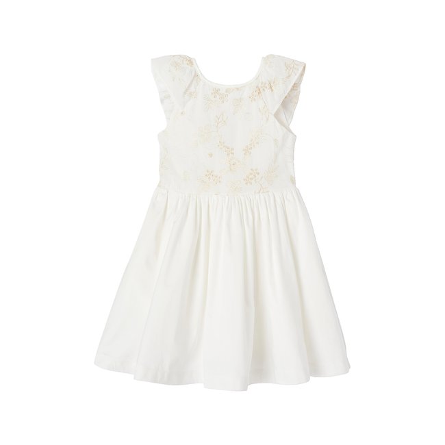 Robe de cérémonie brodée fleurs irisées blanc <span itemprop=