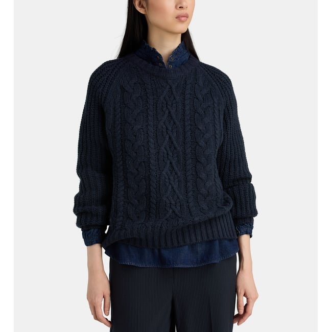 Pull droit obel torsades coton et laine bleu marine <span itemprop=
